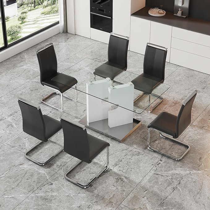 Glass Dining Table Set of 6, 63" Dinner Room Glass Table Set for 6, Modern Kitchen Dinner Table Set with 6 Upholstered Faux Leather Dining Chairs for Living Dining Office Room