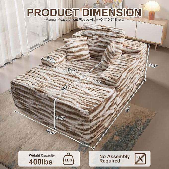 Chaise Lounge Chair Indoor, 67" Oversized Comfy Faux Fur Sleeper Sofa Bed, Boneless Upholstered Recliner Bed with Pillows and Wide Armrests, Modern Cloud Couch for Living Room, Brown+White