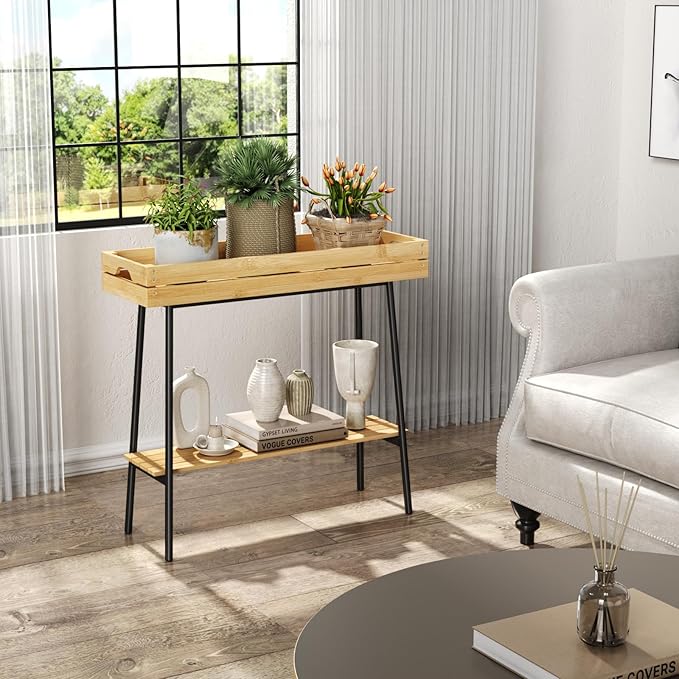 BAMBANG Bamboo Plant Stand Indoor, 2 Tier Wood Small Plant Table, Tall Plant Stand for Indoor Plants, Window Sill Plant Shelf, Flower Pot Holder Plant Bench Plant Rack for Living Room Balcony Outdoor
