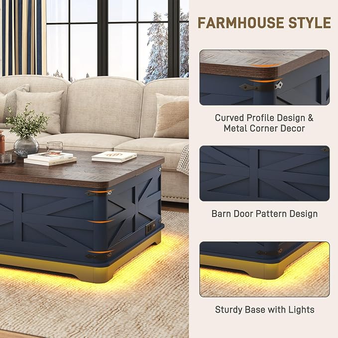 36" Farmhouse LED Lift Top Coffee Table with Storage and Power Outlets, Square Wood Living Room Tables with LED Lights & Large Hidden Space, Lift Wooden Barn Door Center Table, Navy Blue
