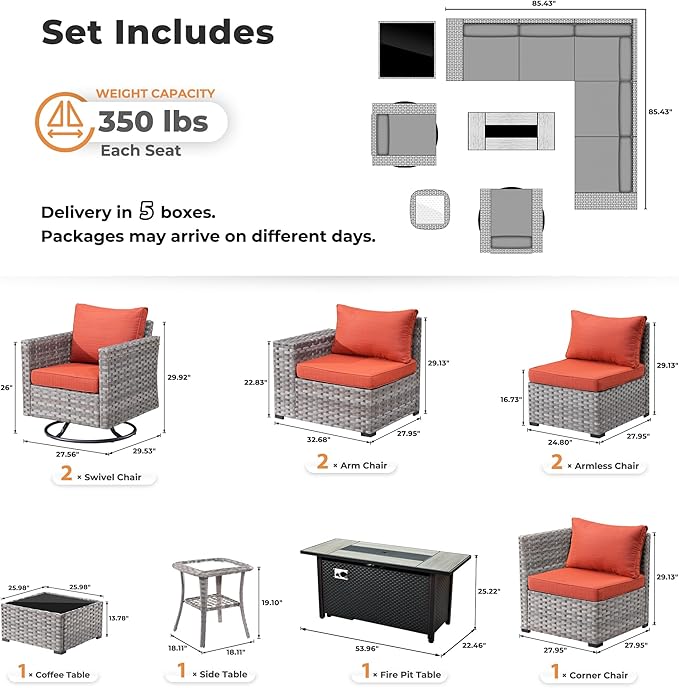ovios 10 Pieces Patio Furniture Set, Outdoor Wicker Sectional Sofa with 54" Fire Pit Table Swivel Chairs, Modern Modular Deep Seat Rattan Couch Conversation Sets, Orange Red