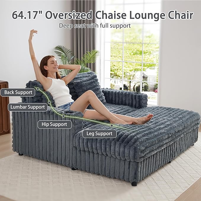 RARZOE 64'' Oversized Chaise Lounge Chair Indoor, Plush Faux Rabbit Fur Sleeper Sofa Bed with 4 Pillows, Charging Station & Cup Holders, Fluffy Comfy Cloud Couch Loveseat Sofa for Living Room,Grey