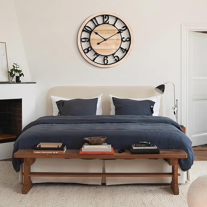 LEIKE 24 Inch Large Wall Clock - Rustic Wooden Silent Non-Ticking Wall Clock with Black Metal Frame, Vintage Farmhouse Decorative for Living Room, Bedroom, Kitchen - Arabic Numerals, Modern Design