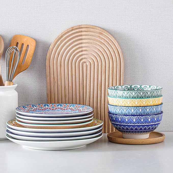 vancasso Mandala 12 Pieces Dinnerware Sets, Porcelain Dinner Set for 4, Boho Plates and Bowls Set, Colorful Dish Sets