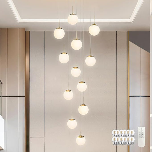 KoKo&Yukina 12-Light Gold Mid Century Modern Chandelier for Living Room Staircase Chandelier for Entryway Globe Milky White Glass Pendant Light High Ceiling Chandeliers Foyer (Bulb & Remote Incl.)