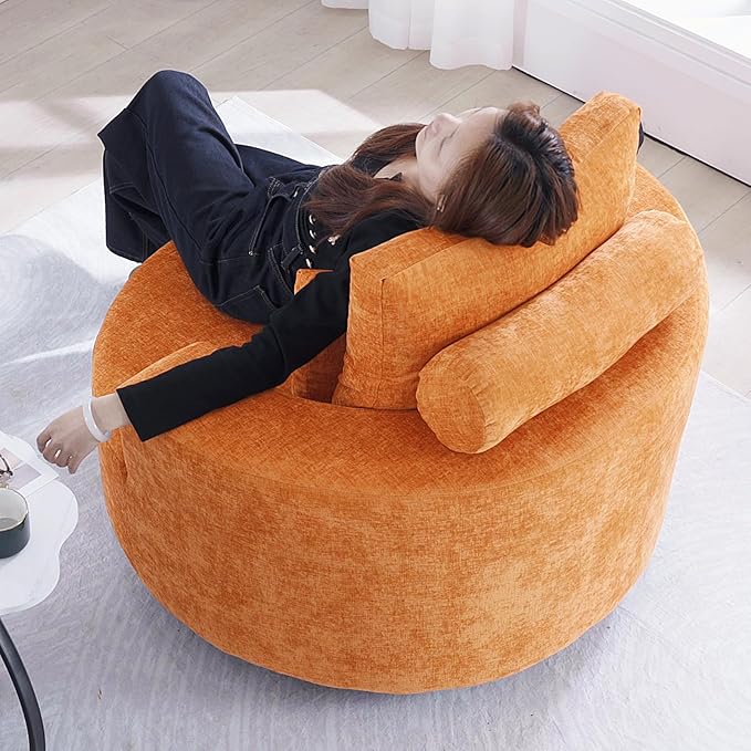 Furnimart Oversized Barrel Accent Chair, 360° Swivel Round Upholstered Sofa, Chenille High-Resilience Sponge, No Assembly Wide Seat for Living Room, Bedroom, Apartment (Orange)