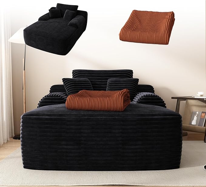 67" Oversized Chaise Lounge Chair with Cover, Comfy Sleeper Sofa Bed, Black Plush Corduory Couch for Living Room,Sofa in A Box,No Assembly Required (Corduroy Orange Cover).