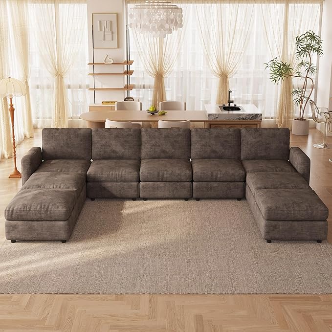 9-Seat Modular Sectional Sofa Couch with 4 Storage Ottomans, Convertible Sleeper Sofas Set for Living Room Bedroom Apartment, Recliner Velvet Comfy Furniture Couch, Brown