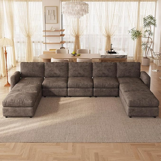 9-Seat Modular Sectional Sofa Couch with 4 Storage Ottomans, Convertible Sleeper Sofas Set for Living Room Bedroom Apartment, Recliner Velvet Comfy Furniture Couch, Brown