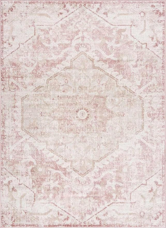 Blush & Light Pink Collection Leonora Bohemian Oriental Medallion Area Rug - Traditional Floral Carpet for Living Room, Bedroom - Blush, Pale Pink, Cream - 5'3" x 7' (5x7 Area Rug)
