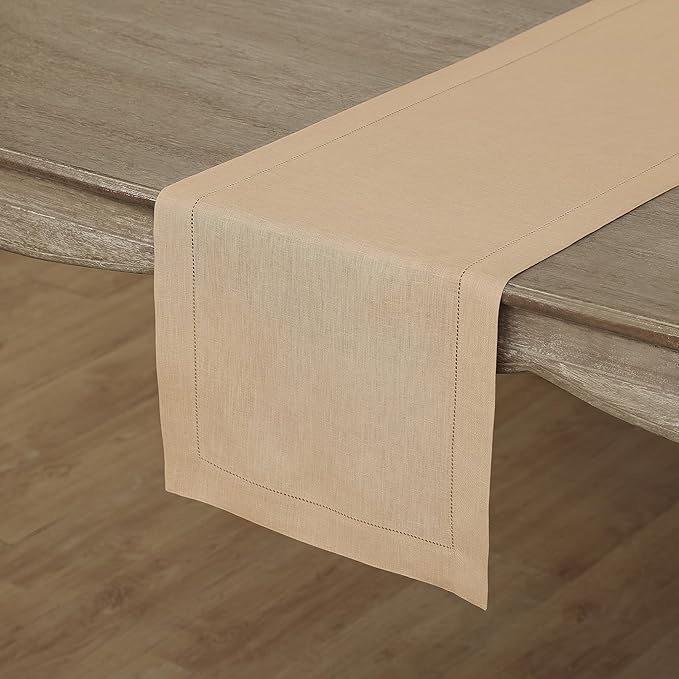 Solino Home Linen Hemstitch Table Runner 48 Inches - 100% Pure Linen Beige Table Runner 14 x 48 Inch Ideal for Dresser and Coffee Tables - Fall, Autumn, Thanksgiving, Christmas - Classic Hemstitch