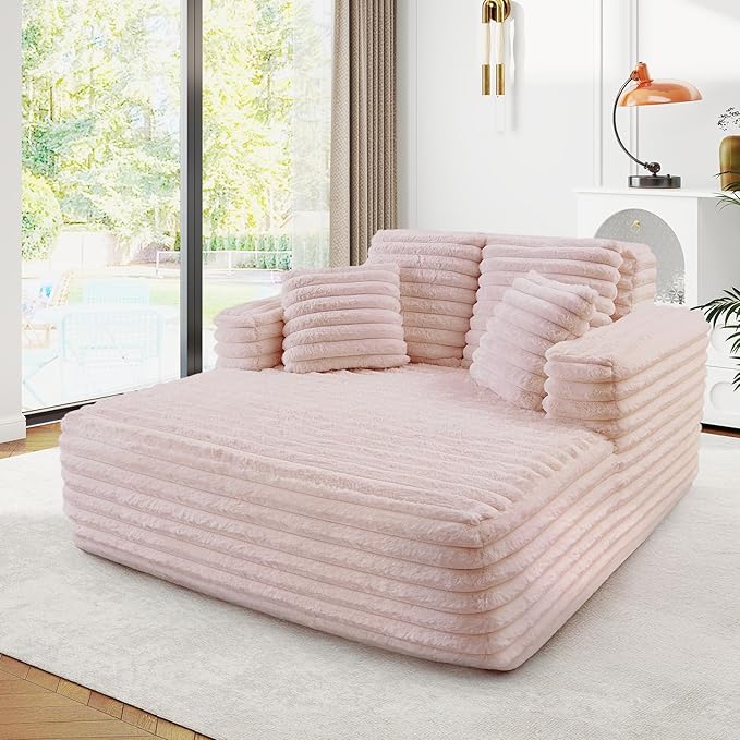 56"W Oversized Chaise Lounge Chair Indoor,Plush Faux Fur Sleeper Sofa Couch Bed with Pillows&Wide Armrest,Fluffy Comfy Cloud Sofa,Compression Foam Boneless Couch for Living Room,Bedroom(Pink)
