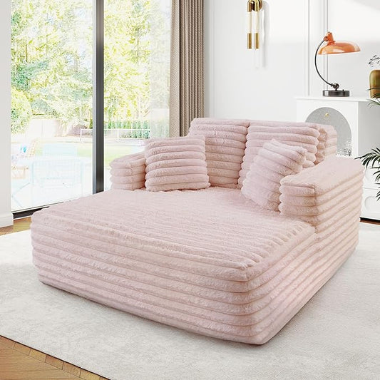 56"W Oversized Chaise Lounge Chair Indoor,Plush Faux Fur Sleeper Sofa Couch Bed with Pillows&Wide Armrest,Fluffy Comfy Cloud Sofa,Compression Foam Boneless Couch for Living Room,Bedroom(Pink)
