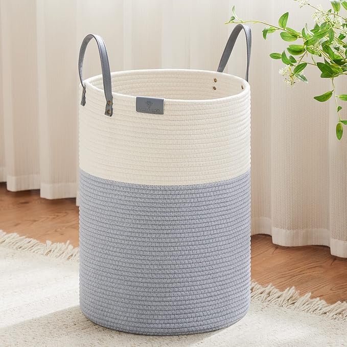 VIPOSCO Tall Laundry Basket, Large Dirty Clothes Hamper with Leather Handle, Woven Rope Storage Basket for Blanket, Toy In Living Room, Bathroom, Bedroom - 72L Grey & White