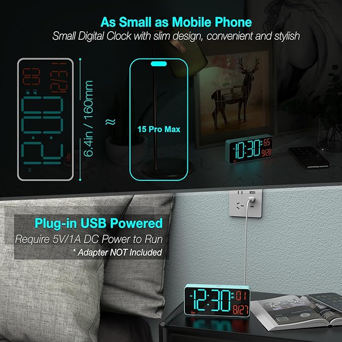 KOSUMOSU Alarm Clock for Bedroom, 6.7in Small Digital Clock, Auto Dimming, Room Temperature, Day of The Week, Date, Alarm Clocks for Living Room, Desk Clocks