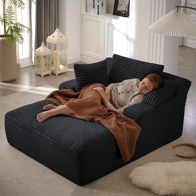 Boneless Couch Sofa Chiar Chaise Lounge Chair Indoor Upholstered Corduroy Couch Cloud Sleeper Sofa Oversized Reading Chair for Living Room No Assembly Required (Black, 50" W x 67" D)