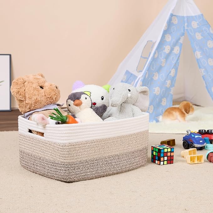 Large Storage Baskets for Shelves, Closet Organizers Bins for Clothes Blanket Towels, Baby Nursery, Toy Baskets Box, Woven Rope Baskets, 17 x 13 x 7.5”, 2 Packs Gradient Brown