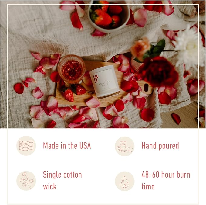 English Rose Single Wick Soy Candles, Luxury Scented Candles for Home - Up to 60 Hour Burn Time, Cruelty-Free Soy Wax Blend - Floral Rose & Jasmine Fragrance (9 oz)