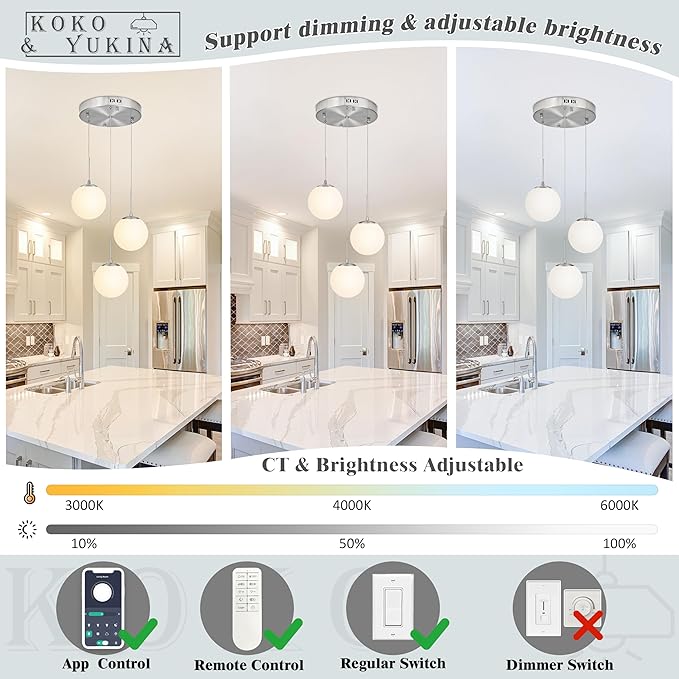 KoKo&Yukina Globe Pendant Light 3 Light Nickel Globe Pendant Lights Kitchen Island Mid Century Light Fixture with Milky White Glass Shade for Dining Room Living Room