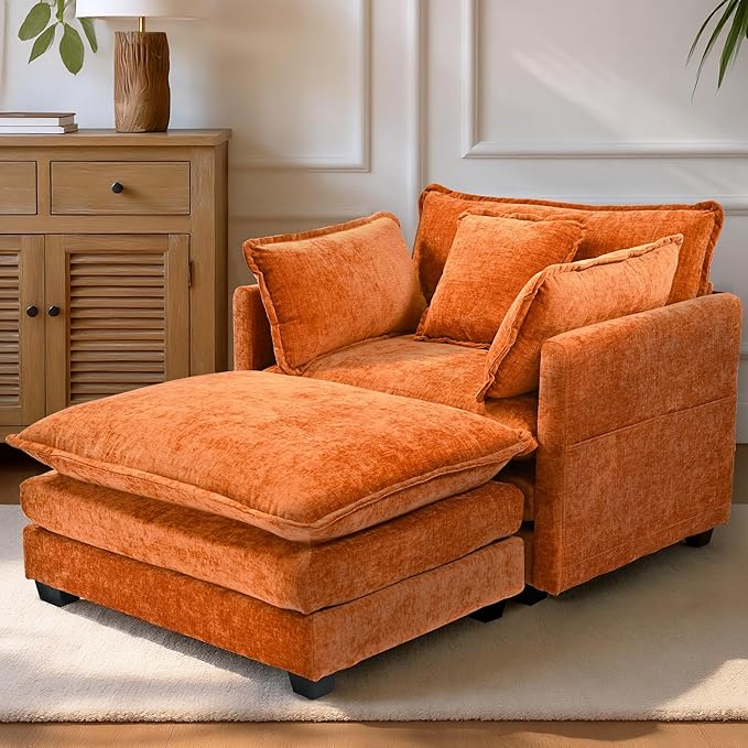 SweetGO corporation 40" Chenille Lounge Chair for Reading, Modern Couch Cozy Sofa Bed, Upholstered Living Room Single Sofa Accent Chair with Ottoman, Orange