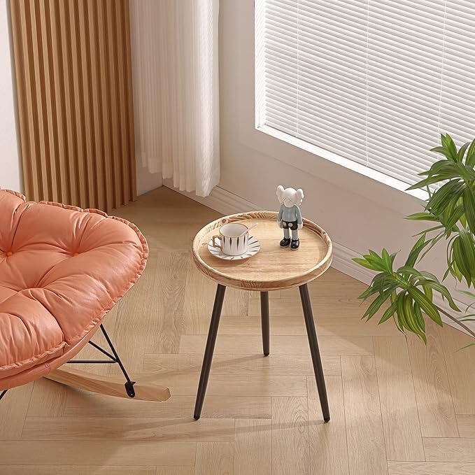 Tiita Round End Table Mental Side Table Nightstand/Small Wood Tables Accent Coffee Table with Wooden Tray for Living Room Bedroom Office Small Space