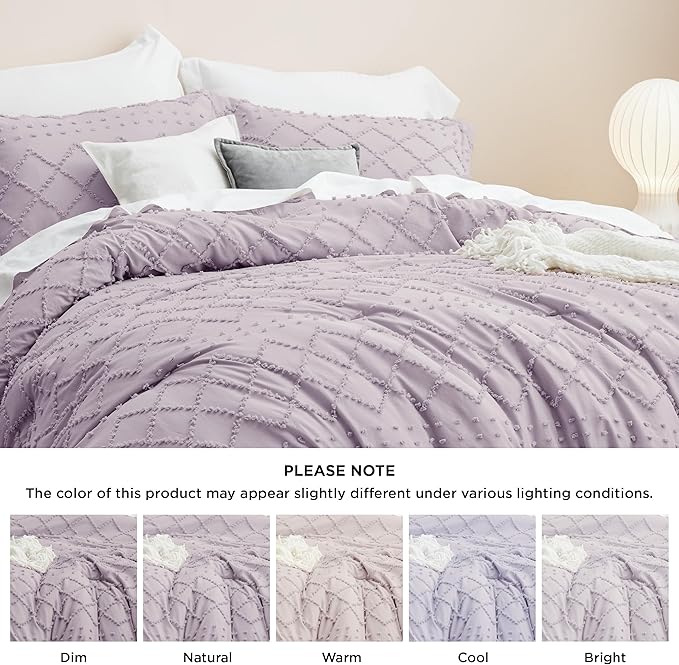 Bedsure Queen Comforter Set - Lavender Comforter, Boho Tufted Shabby Chic Bedding for Kids, 3 Pieces Vintage Farmhouse Bed Set for All Seasons, Fluffy Soft Bedding with 2 Pillow Shams