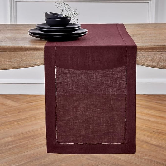 Solino Home Linen Table Runner 48 Inches - 100% Pure Linen Burgundy Hemstitch Table Runner 14 x 48 Inch Ideal for Dresser and Coffee Tables - Fall, Autumn, Thanksgiving, Holiday - Classic Hemstitch