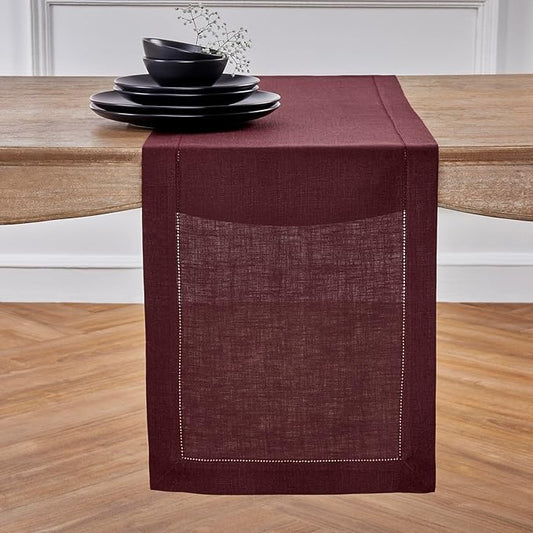 Solino Home Linen Burgundy Table Runner 132 Inches Long - 100% Pure Linen Extra Long Table Runner 14 x 132 Inch for Fall, Autumn, Thanksgiving, Christmas - Classic Hemstitch