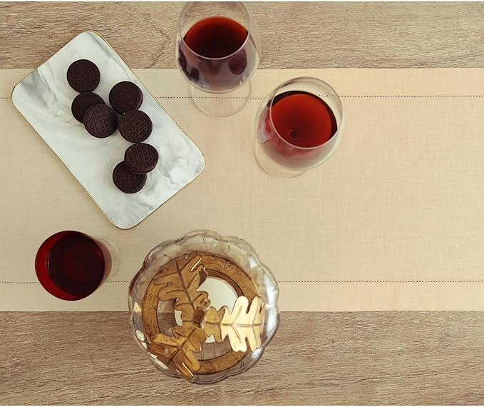 Solino Home Linen Beige Table Runner 120 Inches Long - 100% Pure Linen 14 x 120 Inch Table Runner for Fall, Autumn, Thanksgiving, Christmas - Classic Hemstitch