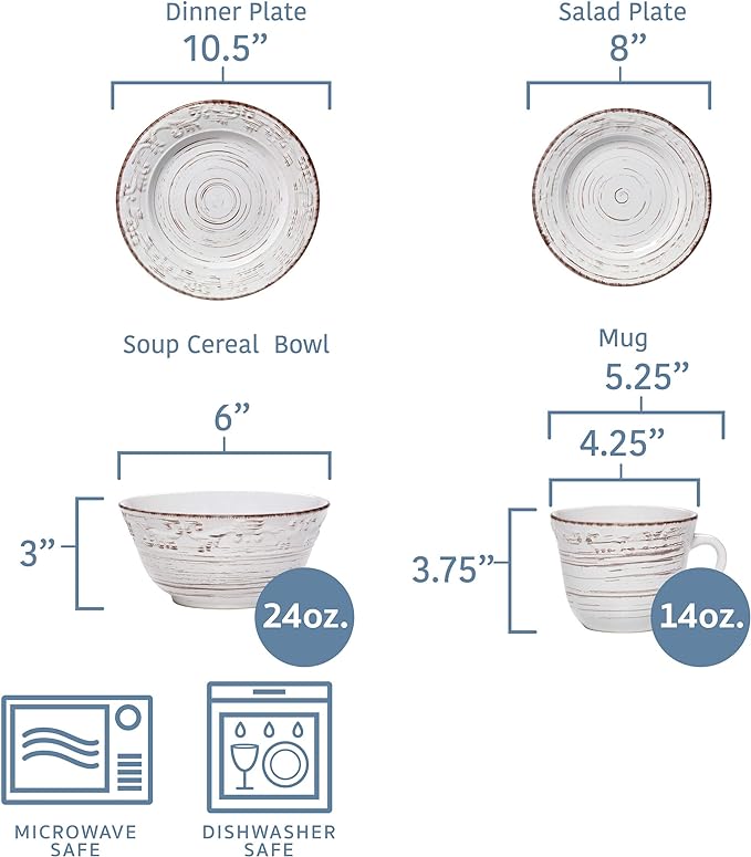 Pfaltzgraff Trellis White 16-Piece Stoneware Dinnerware Set, Service for 4, Distressed White Finish, Microwave & Dishwasher Safe Plates and Bowls