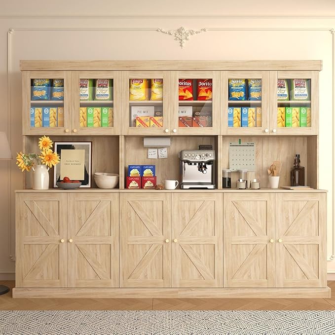 71" Tall Farmhouse Kitchen Pantry, Large Storage Cabinet with Glass Doors, Freestanding Coffee Bar Hutch with Microwave Stand, Adjustable Shelves for Kitchen, Living Room, Brown 3 Pcs