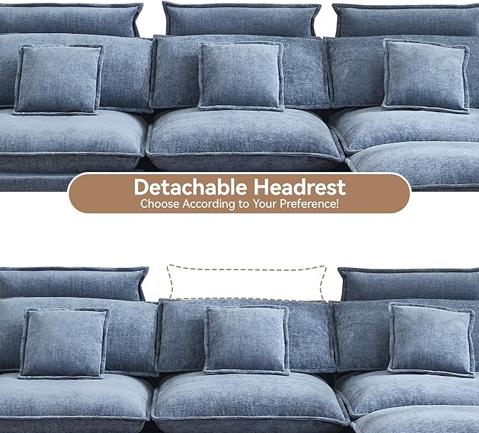 103'' Cloud Modern 3 Seater Couch with Detachable Headrest, Modular Sectional Sofa with Ottoman, Oversized L Shape Chenille Comfy Sofa with Armrests for Living Room, Blue