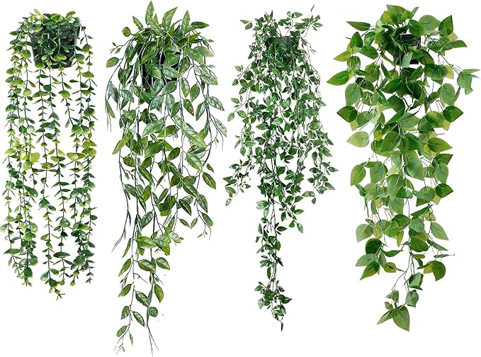 Sggvecsy Fake Hanging Plants 4 Pack Artificial Hanging Eucalyptus Plants Fake Potted Greenery Faux Eucalyptus Mandala Vine Ivy Vine Leaves Pea Pod for Home Indoor Outdoor Wall Garden Decor