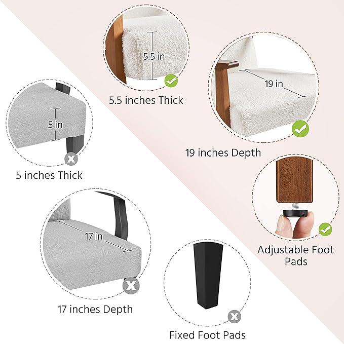 Yaheetech Fabric Accent Chair, Mid-Century Modern Armchair with Solid Wood Legs, Reading Leisure Chair with High Back for Living Room Bedroom Waiting Room, Set of 2, Ivory