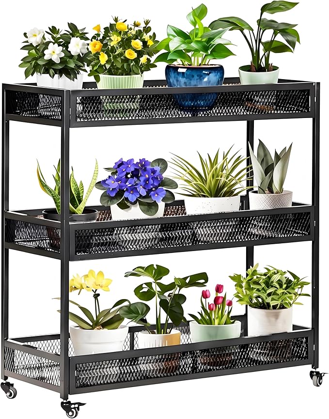 Outdoor Heavy-Duty 3-Tier Moving Garden Cart Sturdy Metal Plant Stand with High-Capacity Load & Rotating Wheels