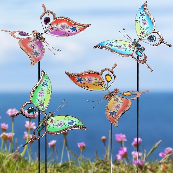 Juegoal Set of 4 Butterfly Garden Stake Decor, 32" Metal Colorful Butterflies Stakes, Yard Art Ornaments for Mom, Mothers Day Ideal Gifts, Outdoor Lawn Porch Pathway Patio Plant Pot Flower Bed