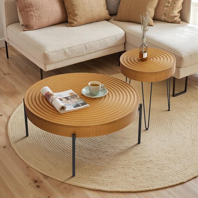 2 Piece Modern Farmhouse Living Room Coffee Table Set, Nesting Table Round Natural Finish with Handcrafted Wood Ring Motif, Wood Colour