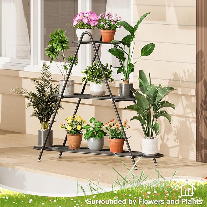 3-Tier Plant Stand, Heavy Duty Metal Planter Rack -Indoor/Outdoor Shelves with Large Tier’s Shelf - Display Multiple Flower Pots, Iron Plant Organizer for Living Room, Patio & Garden