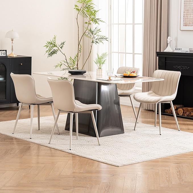 YOUNUOKE Mid-Century Modern Dining Chairs Set of 2, Cream PU Leather Upholstered Kitchen Chairs with Cream Metal Legs, Armless Accent Chair for Dining Room, Guest Reception Room