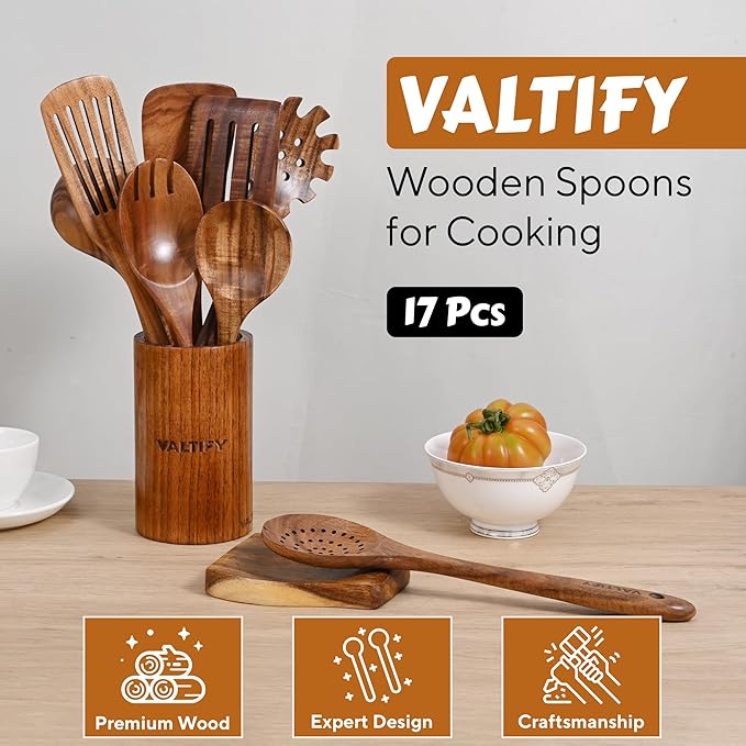 Kitchen Utensil Set | 17-Piece Wooden Cooking Utensils with Holder & Hooks | Teakwood Utensils Set for Cooking | Non Toxic Wooden Spoons | Spatulas & Kitchen Accessories