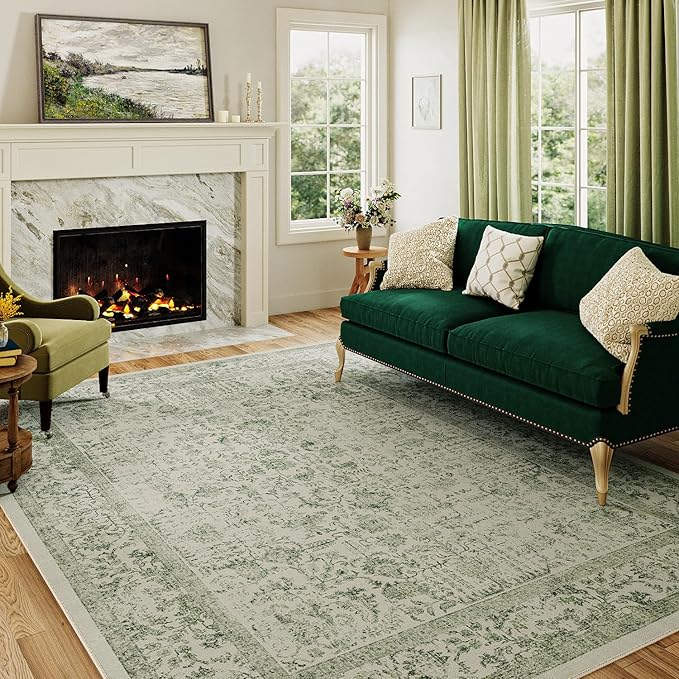 Sage Green Area Rug 3x4 Washable Office Entryway Carpet Vintage Distressed Non Slip Kitchen Indoor Entry Neutral Low Pile Retro Floral Farmhouse Throw Mat for Laundry Dining Room Bedroom