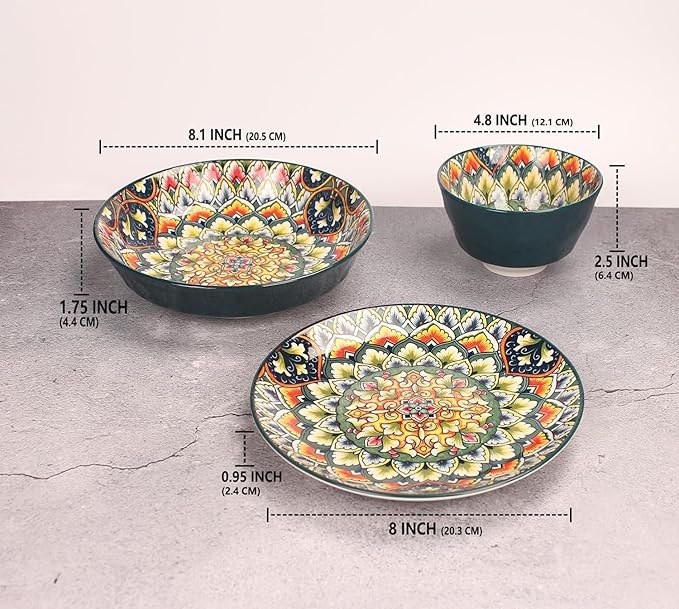 YA JU Mandala Dinnerware Sets (12 Pcs) Serves 4, Buffet Dinnerware, Boho Plates and Bowls Dish Set with 8" salad Plate 8" Dessert Plate 4.8" bowl, apply Casual dining Indoor Outdoor Dining Party