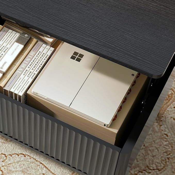 LYNCOHOME Fluted Coffee Table with Hidden Compartment, Wood Lift Top Coffee Tables, Modern Center Table for Living Room, Home Office, Black