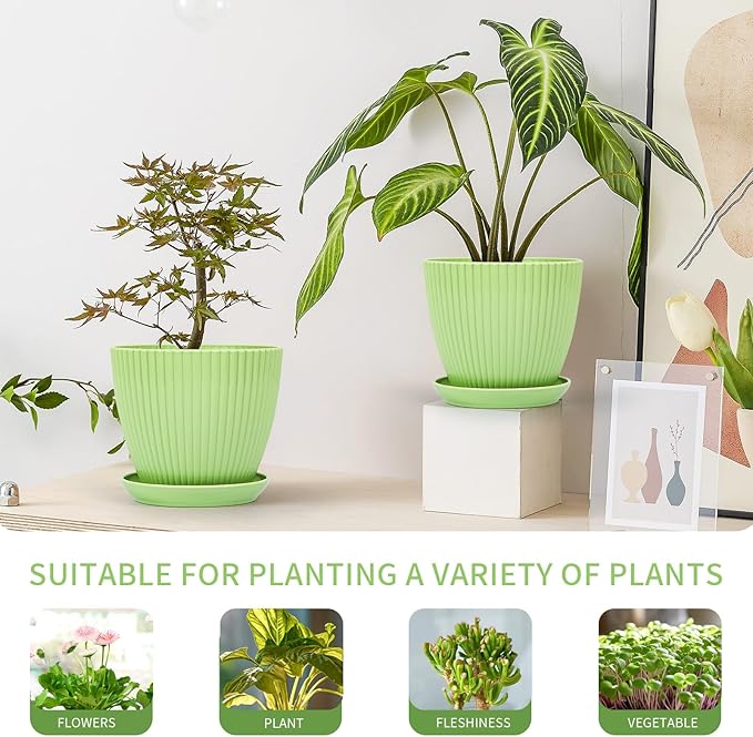 Plant Pots Indoor with Saucers & Drainage - 6 Pack Flower Pots - Plastic Planters for Indoor Planter - 7.5/6.6/5.8/5.0/4.3/3.5 inches Sizes for All Different Types of Plants-Light Green