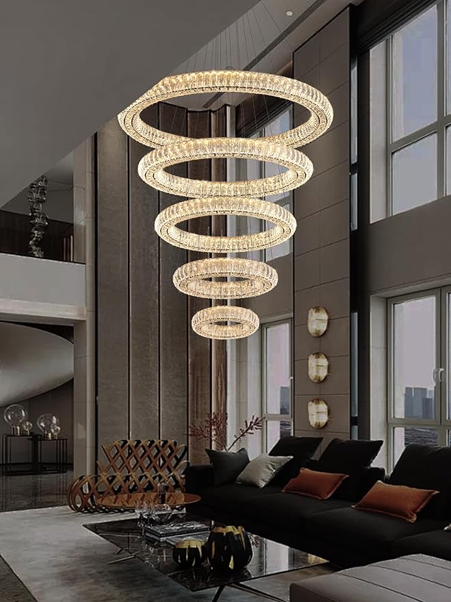 Modern Crystal Chandelier Lighting, Black 5 Ring Chandeliers LED Ceiling Lights Fixtures High Ceiling Chandeliers for Staircase, D8''+15.7"+23.6"+31.5"+39.4"