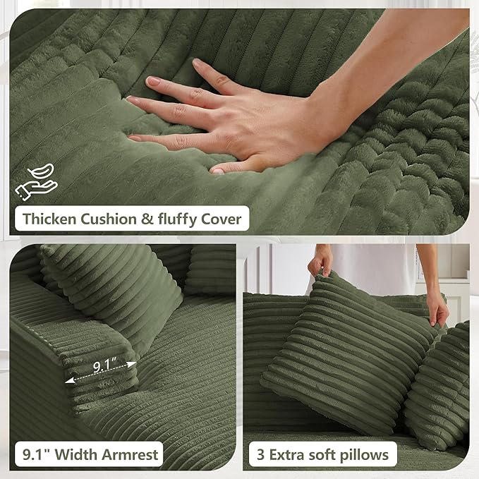 GNIXUU Oversized Boneless Chaise Lounge Chair Indoor, Comfy Fluffy Lounge Sofa Upholstered Sleeper Sofa Couch with Throw Pillows and Armrests, Corduroy Plush Cloud Chair for Living Room, Olive Green