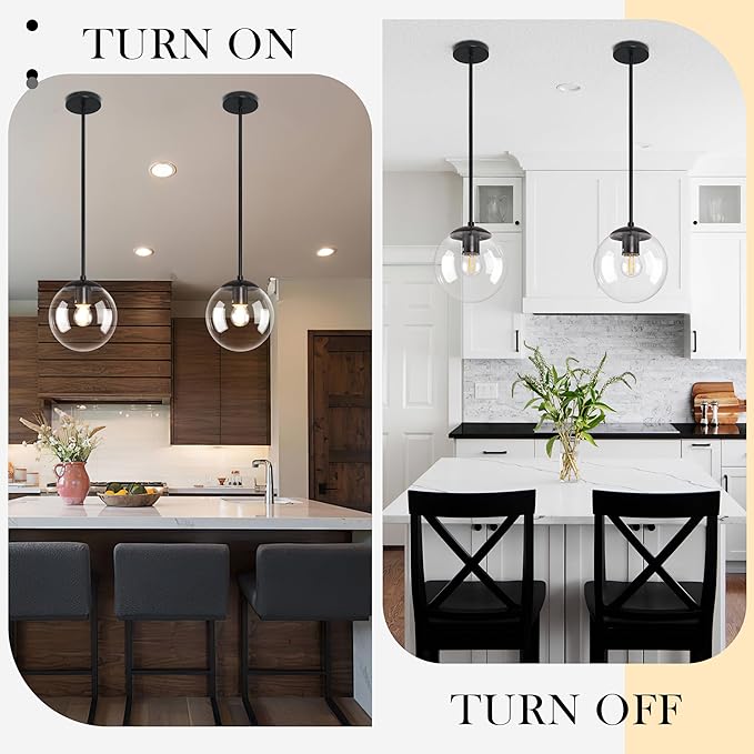 8 Inch Black Mid Century Pendant Light Globe Clear Glass Fixture Lights Kitchen Island Globe Pendant Light Mid Century Adjustable Hanging Farmhouse Lights Fixtures for Kitchen Island