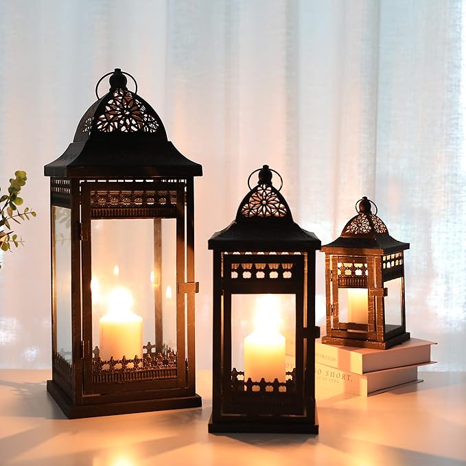 JHY DESIGN 6Pcs Decorative Candle Lanterns 20&14.5"&9.5" High Vintage Style Hanging Lantern, Metal Candleholder for Indoor Outdoor, Events, Parities and Weddings（Black with Gold Brush）