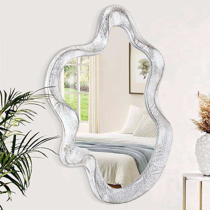 Asymmetrical Mirror Wood Frame Irregular Wall Mirror Unique Shape Wavy Wall Mirror Modern Artistic Cloud Mirror Decorative for Living Room Bedroom Cloakroom Bathroom Entryway Hallway White