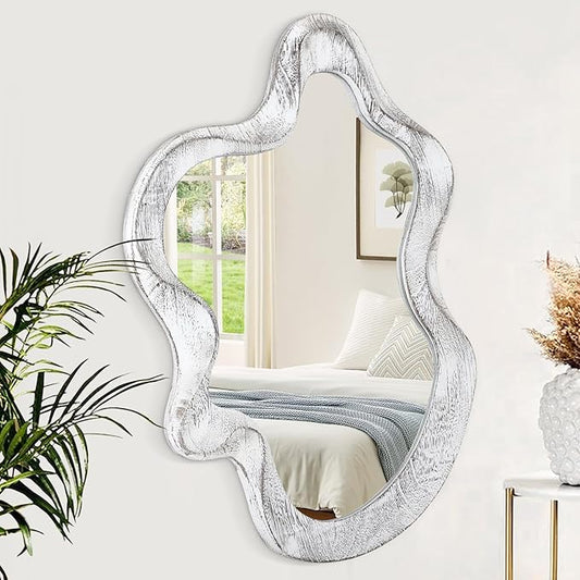 Asymmetrical Mirror Wood Frame Irregular Wall Mirror Unique Shape Wavy Wall Mirror Modern Artistic Cloud Mirror Decorative for Living Room Bedroom Cloakroom Bathroom Entryway Hallway White